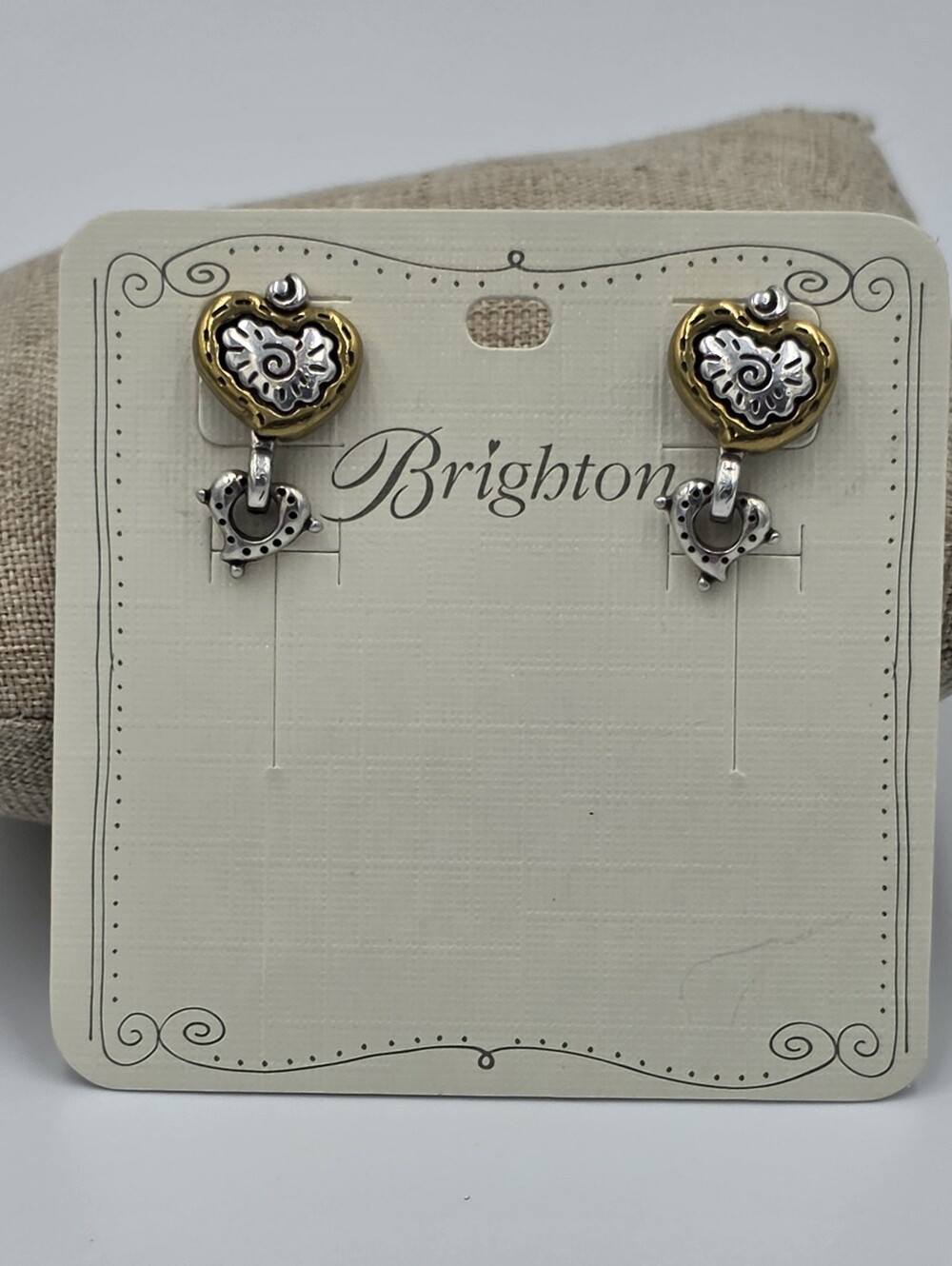 Brighton Two‎ Tone Heart Drop Earrings Silver Gold Mixed Metal Scrollwork Post